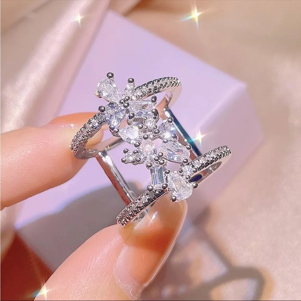 New 925 Silver Flower BlingBling Geometric Ladies Party Birthday Diamond Ring - Picture 5 of 5